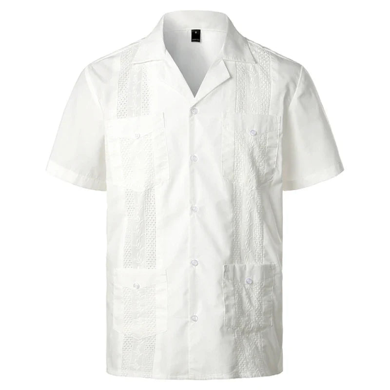 Men's Traditional Cuban Collar Guayabera Shirts Short Sleeve Embroidered w 4 Pockets