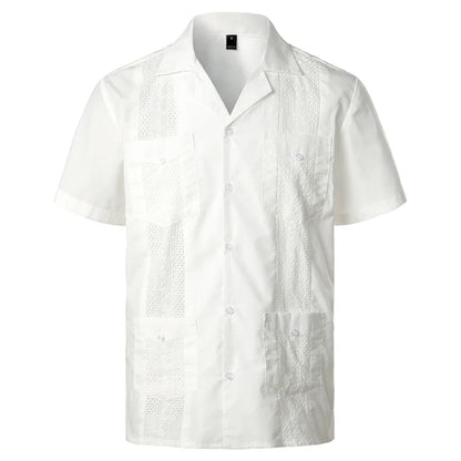 Men's Traditional Cuban Collar Guayabera Shirts Short Sleeve Embroidered w 4 Pockets