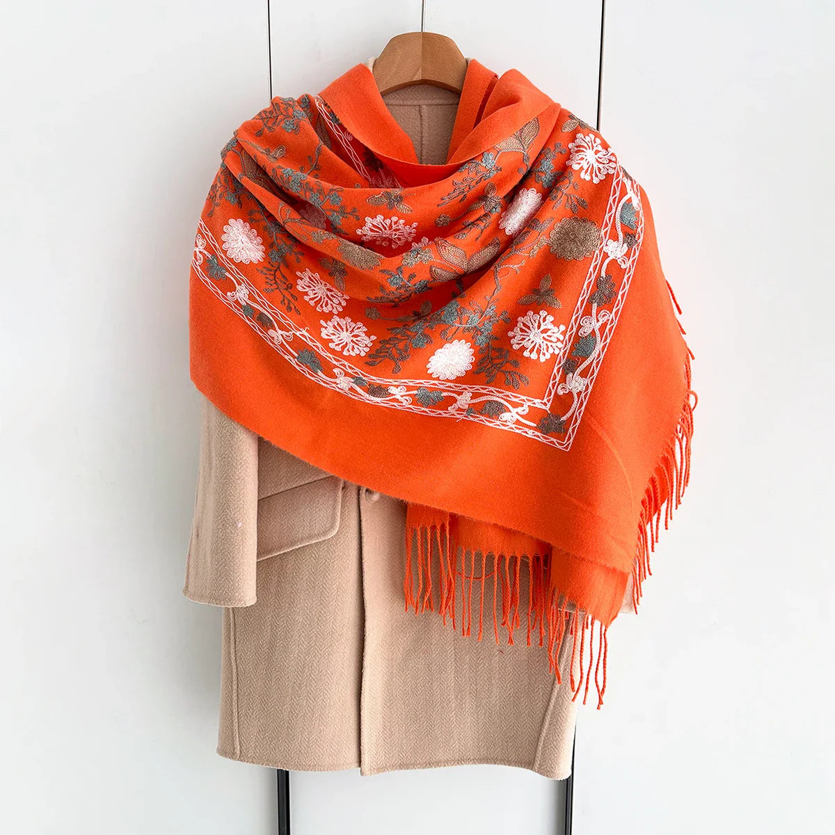 Many Colors Floral Warm Scarf For Women 70*210cm Luxury Faux Cashmere Shawl Winter Thick Pashmina Tassels Poncho Elegant Wrap