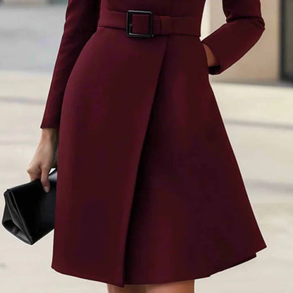 Autumn/Winter Turtleneck Solid Elegant A-Line Dress Button High Waist Pocket Long Sleeve