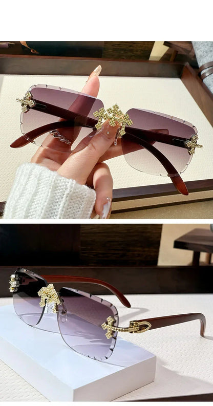 Vintage Rimless Square Cutting Lens Women Men Luxury Brand Designer Sunglasses Popular Punk Diamond Cross Sun Glasses UV400