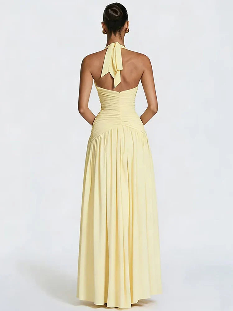 Elegant Halter Deep V Neck Sexy Maxi Women Dress Off-shoulder Sleeveless