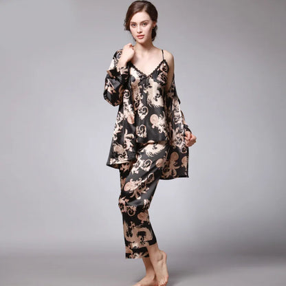 Women's Silk Satin Pajamas Set 3 Pcs Floral Silky Sets Sleepwear