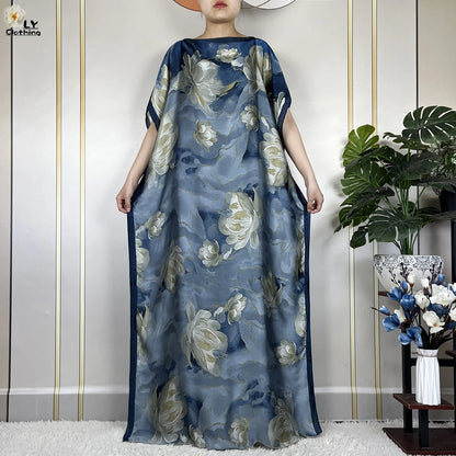 Women Printed Silk Soft Loose Maxi Party Dresses With Belt Turban