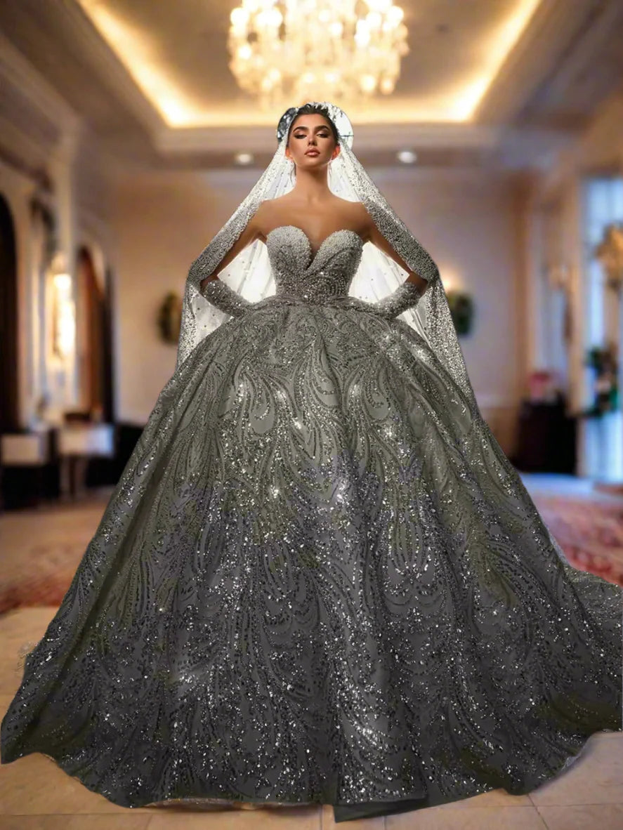 Classical Sweetheart Neck Pearl Bridal Ball Gown Sparkling Strapless Floor-length Customized