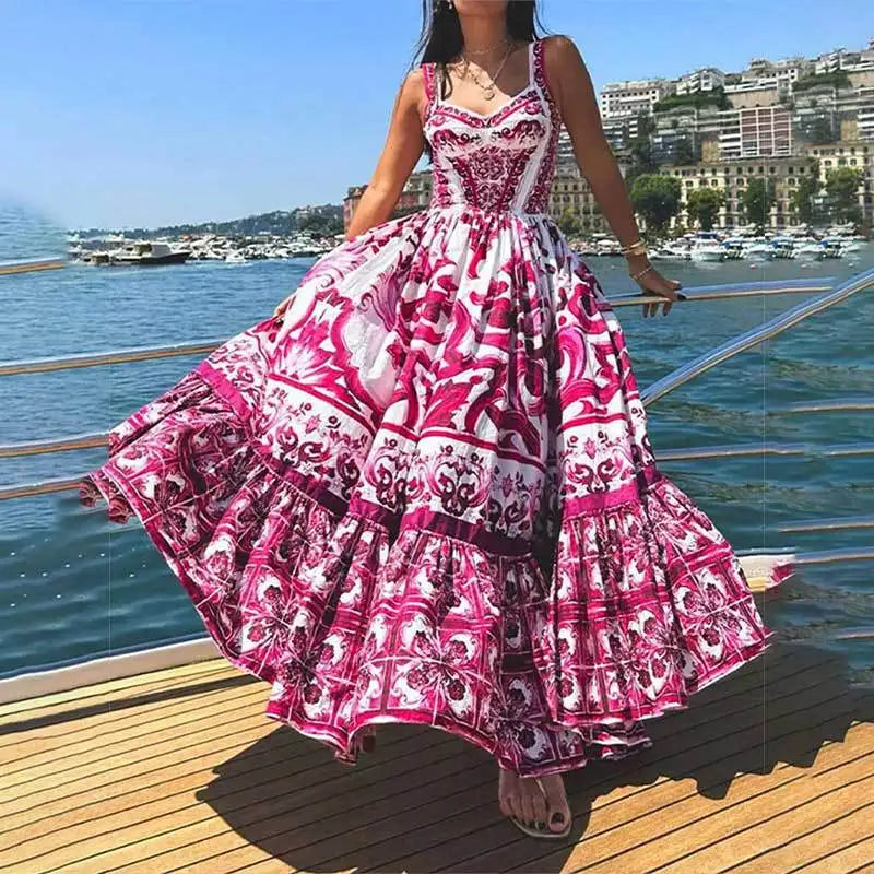 Elegant Summer Bohemian Sling Print Sleeveless A-line Long Dress