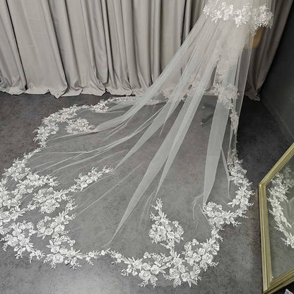 Wedding Veil with Shiny Sequins Lace Customized 2 Tiers 3 Meters Long Bridal Veil with Comb