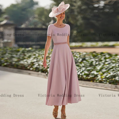 Elegant Pink Mother of the Bride Dresses O Neck 3/4 Sleeves Customized Wedding Party Gowns Beadings A-Line