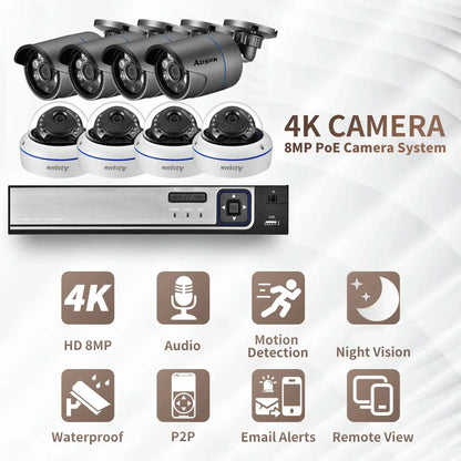 AZISHN 4K 8MP Video Surveillance Set 8CH POE NVR kit AI Human Detection IP Camera Indoor Outdoor Audio Recorder Security System