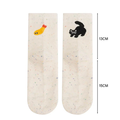 1/2pairs Cartoon Cat Fish Pattern Middle Tube Socks Soft Thermal Warm Crew Sock
