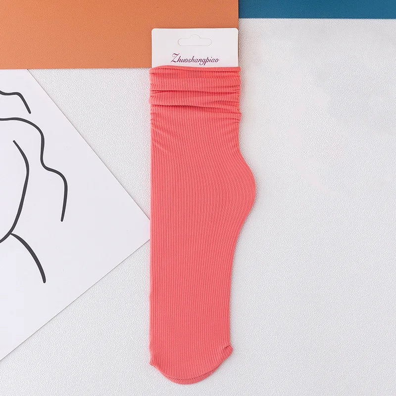 Multicolor Solid Color Ice Silk Velvet Mid Tube Women summer Socks Soft Thin