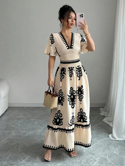 Women Summer Long Dress Vintage Print Maxi Gown V Neck Short Sleeve Tight Waist A Line