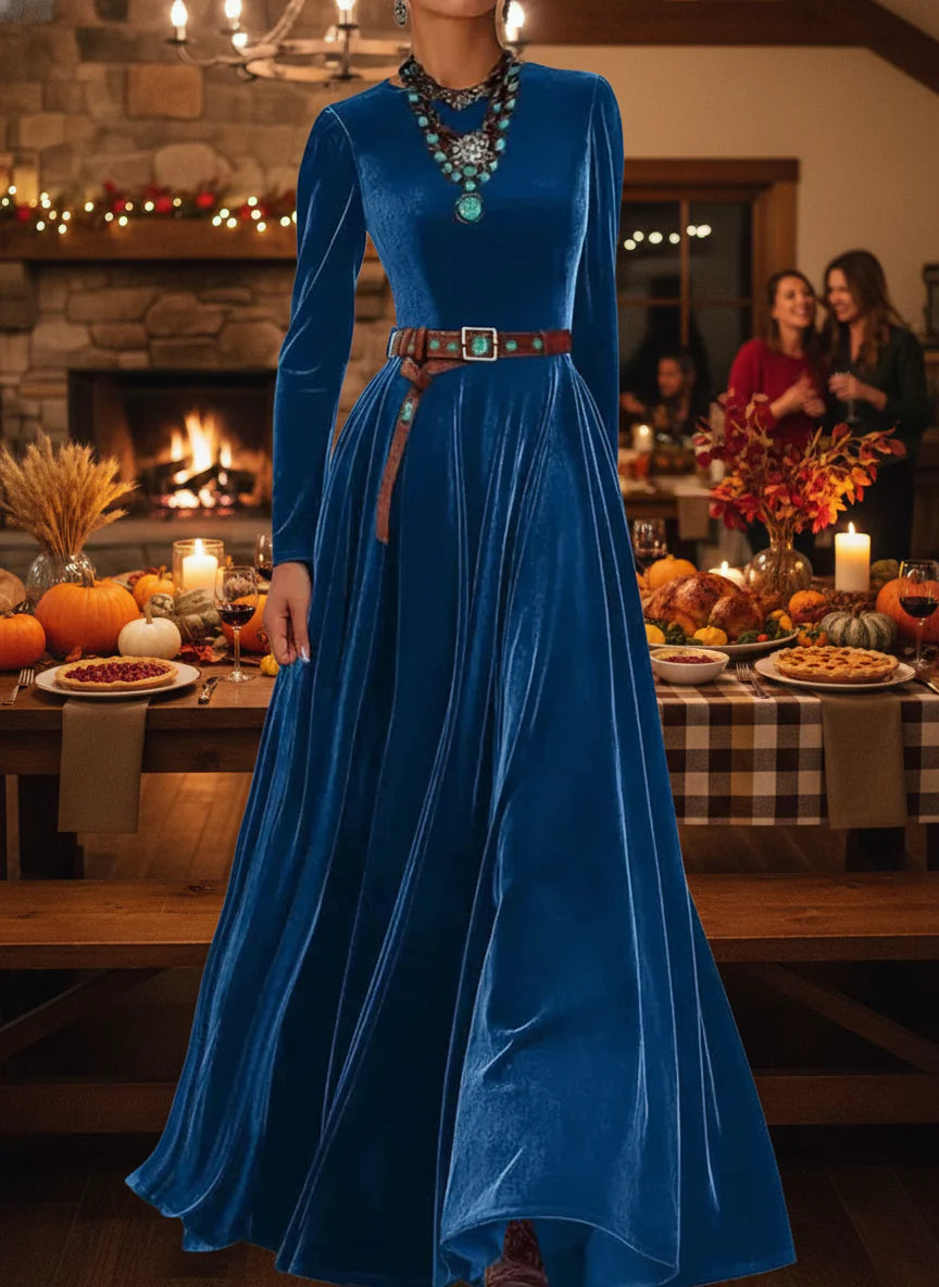 Spring Autumn O Neck Solid Chic Maxi Women Dress Long Sleeve Party Dress