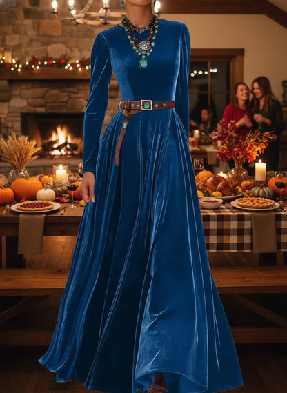 Spring Autumn O Neck Solid Chic Maxi Women Dress Long Sleeve Party Dress