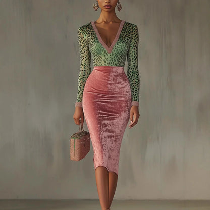 Women Sexy Leopard Print Slim Long Dress Autumn Long Sleeve Deep V-neck Bodycon Maxi Dresses