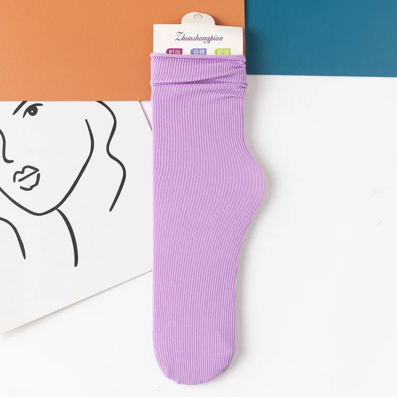 Multicolor Solid Color Ice Silk Velvet Mid Tube Women summer Socks Soft Thin