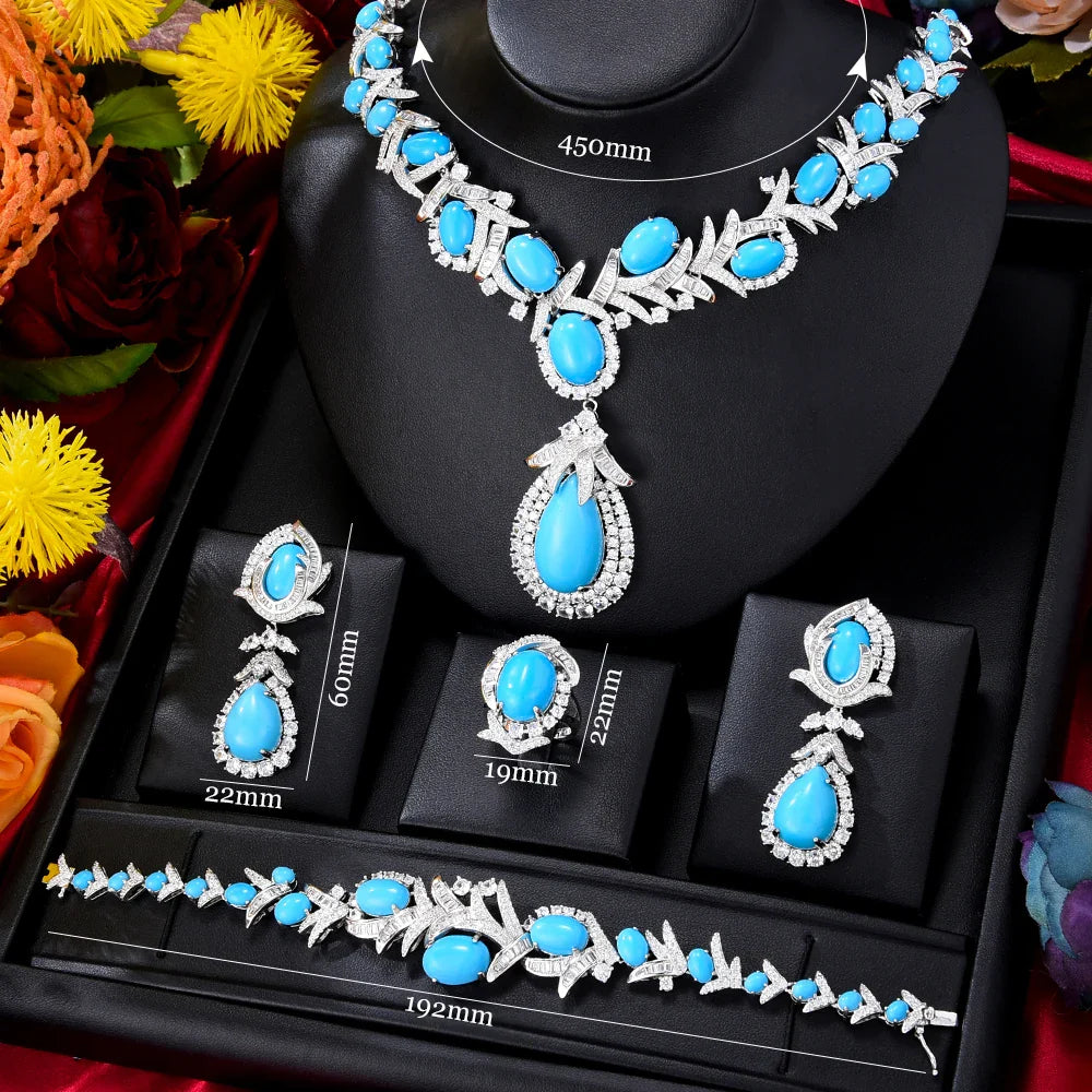 Turquoise Dubai Jewelry Sets For Women CZ Zircon Necklace