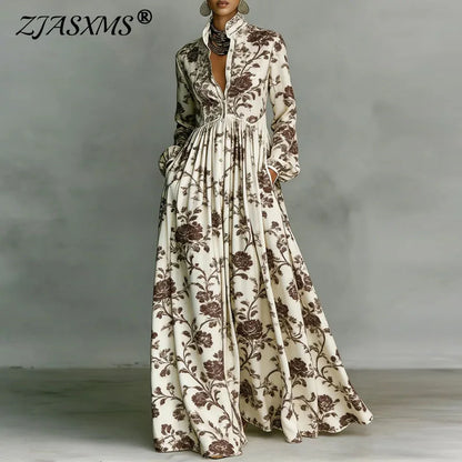 Retro Pattern Print High Waist Pleated Women Boho Dress Spring Shirt Collar Button Pockets Maxi Dress Long Sleeve