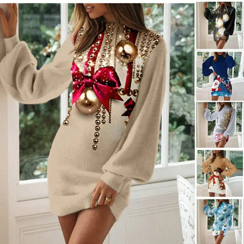 Vintage Christmas Printing Party Dress For Women Autumn Fashion Half High Collar Lantern Long Sleeve Dress Lady Bodycon