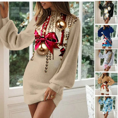 Vintage Christmas Printing Party Dress For Women Autumn Fashion Half High Collar Lantern Long Sleeve Dress Lady Bodycon