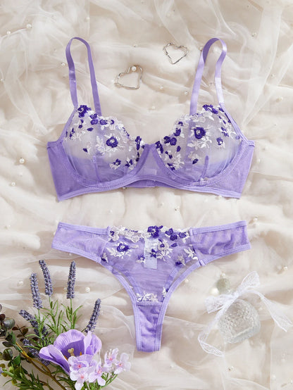 Women Sexy Lingerie Lace Transparent Underwear Fairy Embroidery Sets