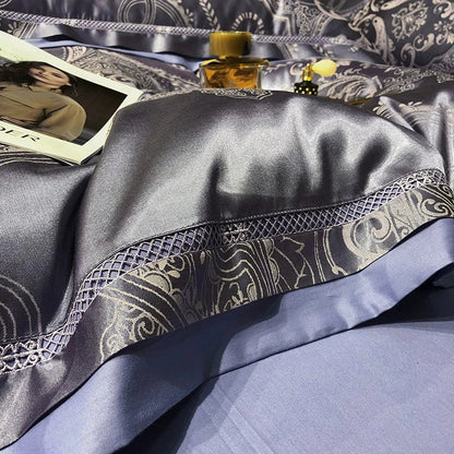 Soft Satin Jacquard Cotton Bedding Set, Luxury Duvet Cover, Blue, Gold, Gray, Queen, King Bed Sheet, Pillowcases, Home Textiles