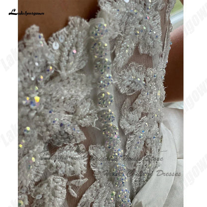 Luxury Satin Wedding Gowns With Pockets Princess Bridal Dress Customized Crystal Lace Bodice Off Shoulders
