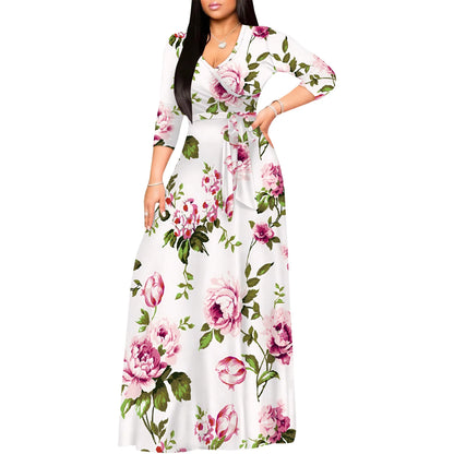 Romantic Floral Rose V-Neck 3/4 Sleeve Wrap Maxi Dress with Belt
