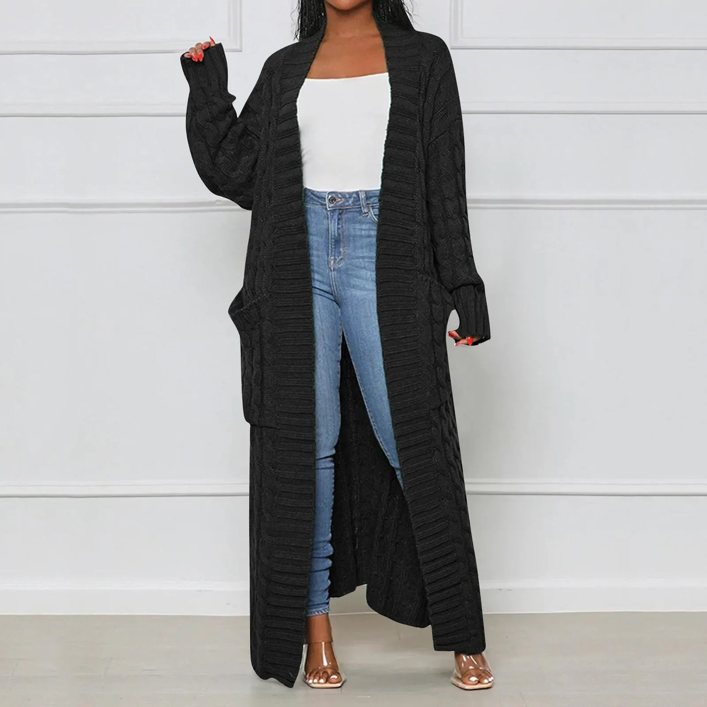 Women's Elegant Wool Ankle Length Knit Cardigan Open Front Long Sleeve Pocket Sweater