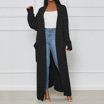 Women's Elegant Wool Ankle Length Knit Cardigan Open Front Long Sleeve Pocket Sweater