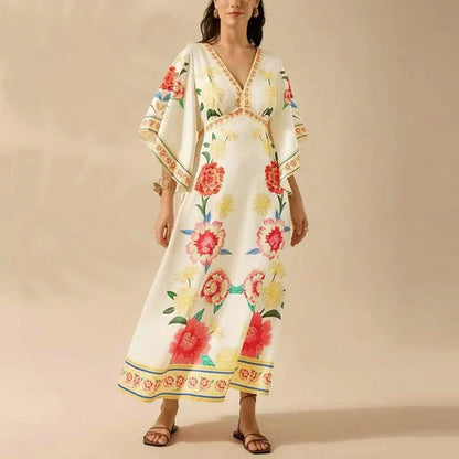 Summer Tropical Plant V-Neck Bohe Elegant Half Sleeve Loose Party Dress A-line