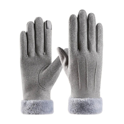 Women Winter Warm Suede Gloves Plus Velvet Thickened Cuff Outdoor Coldproof Touchscreen Riding Ski Gloves