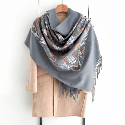 Many Colors Floral Warm Scarf For Women 70*210cm Luxury Faux Cashmere Shawl Winter Thick Pashmina Tassels Poncho Elegant Wrap