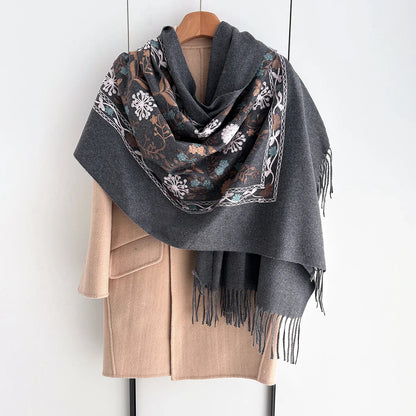 Many Colors Floral Warm Scarf For Women 70*210cm Luxury Faux Cashmere Shawl Winter Thick Pashmina Tassels Poncho Elegant Wrap
