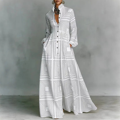 Retro Pattern Print High Waist Pleated Women Boho Dress Spring Shirt Collar Button Pockets Maxi Dress Long Sleeve