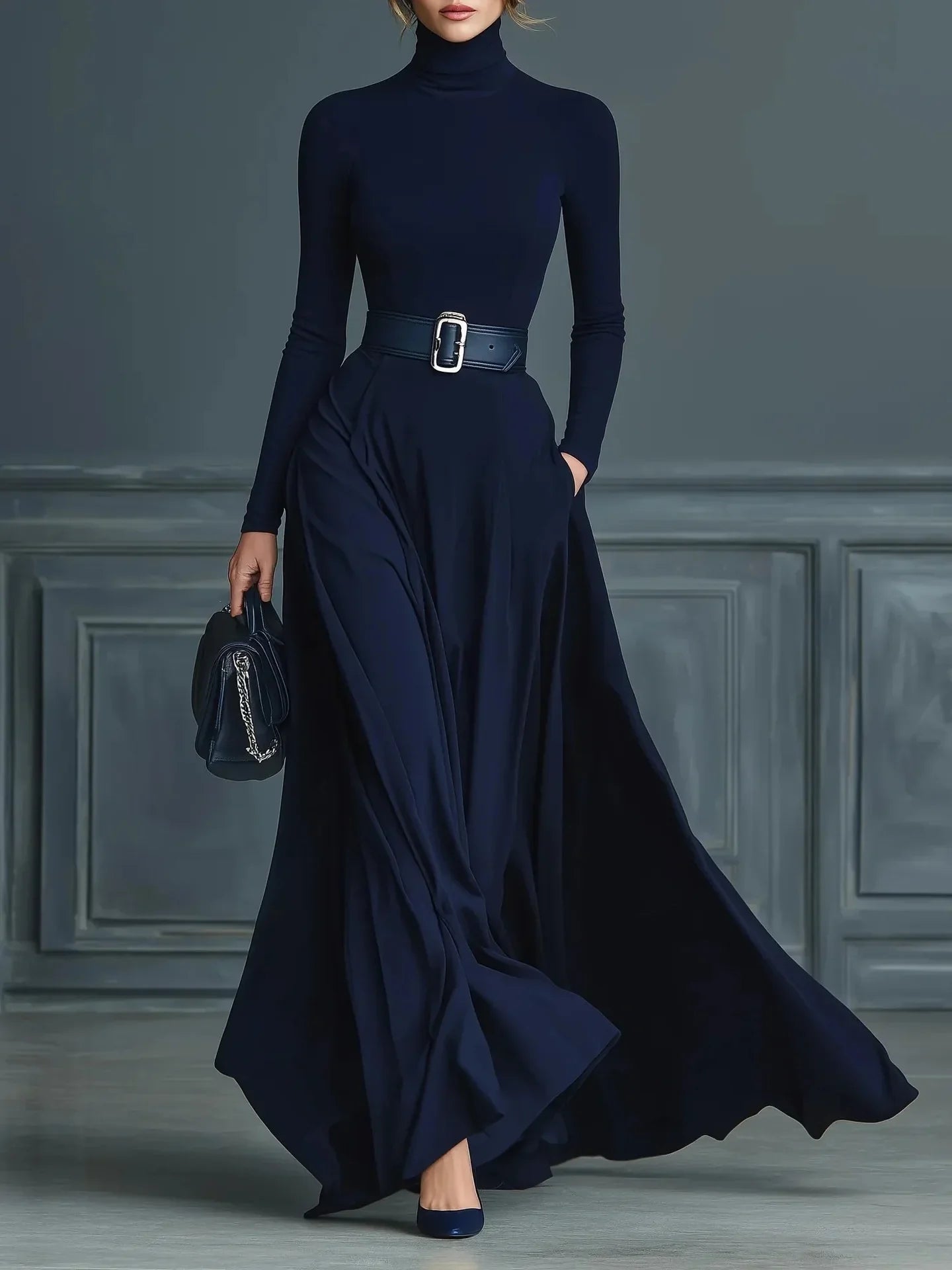 Elegant Half High Collar Knitted Long Sleeve Long Autumn Dress
