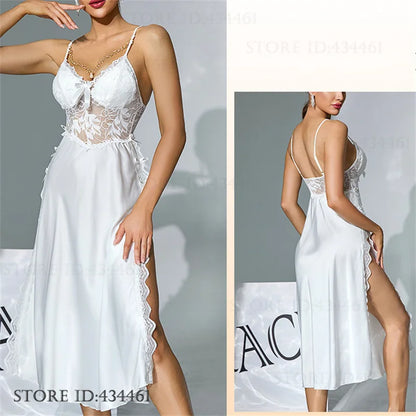 Women Sexy Lingerie Long Nightgown Ice Silk Chemise Sleepwear