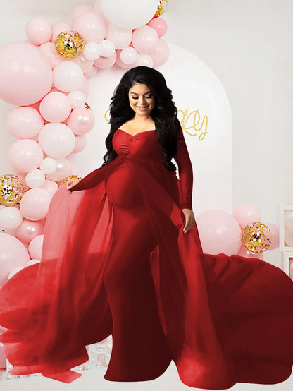 Maternity Long Sleeved Floor Length Mesh Dress