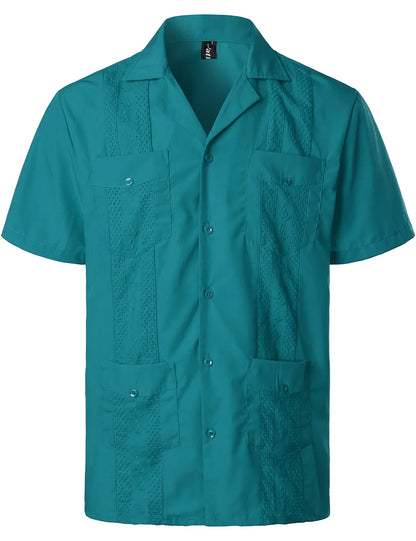 Men's Traditional Cuban Collar Guayabera Shirts Short Sleeve Embroidered w 4 Pockets