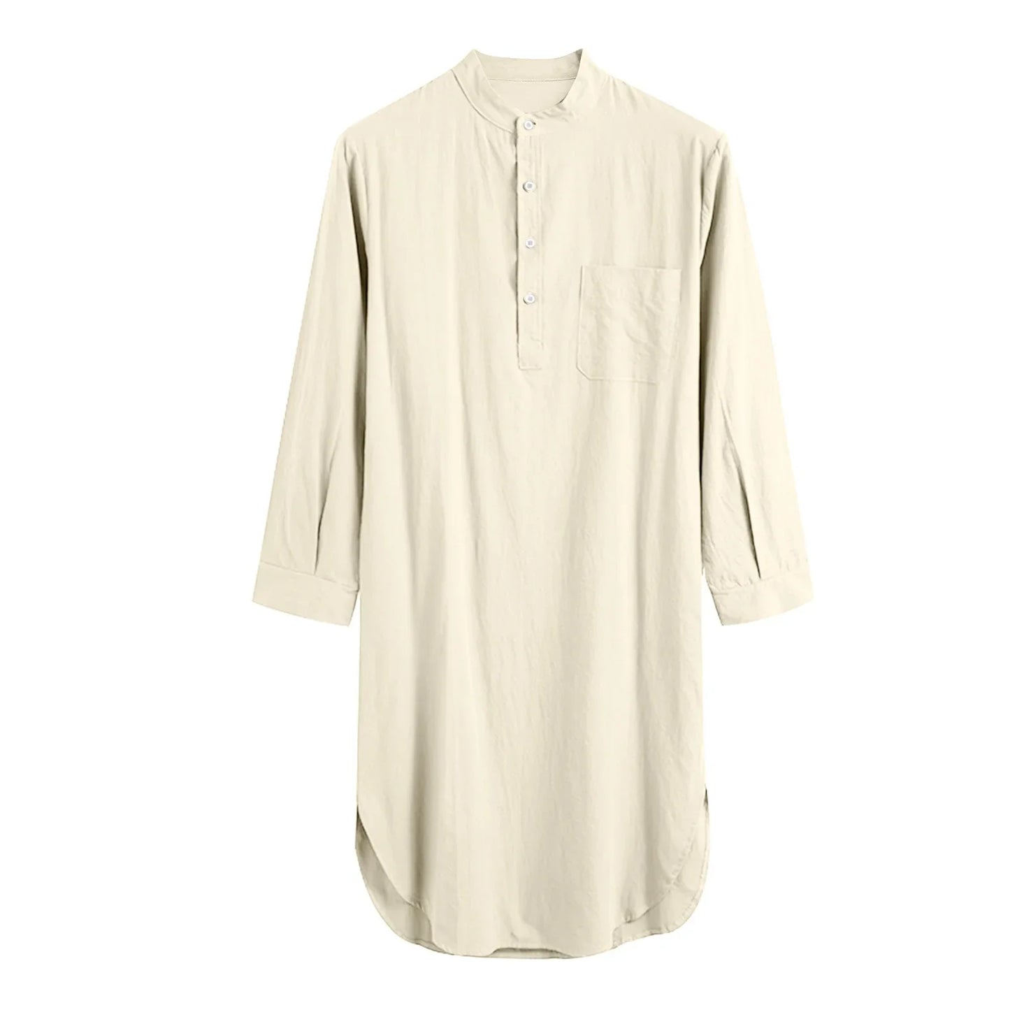 Men's Comfortable Cotton Button-down Sleep Robe Solid Color Stand Neck Long Sleeve Nightgown
