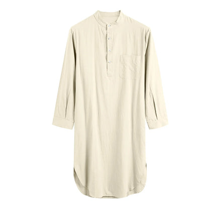 Men's Comfortable Cotton Button-down Sleep Robe Solid Color Stand Neck Long Sleeve Nightgown
