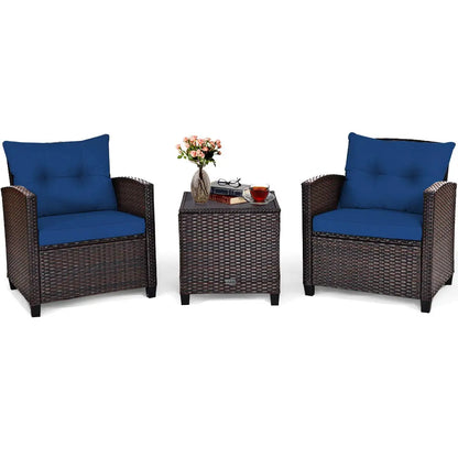 3 Pieces Patio Furniture Set, PE Rattan Wicker 3 Pcs Outdoor Sofa Set w/Washable Cushion and Tempered Glass, Customized