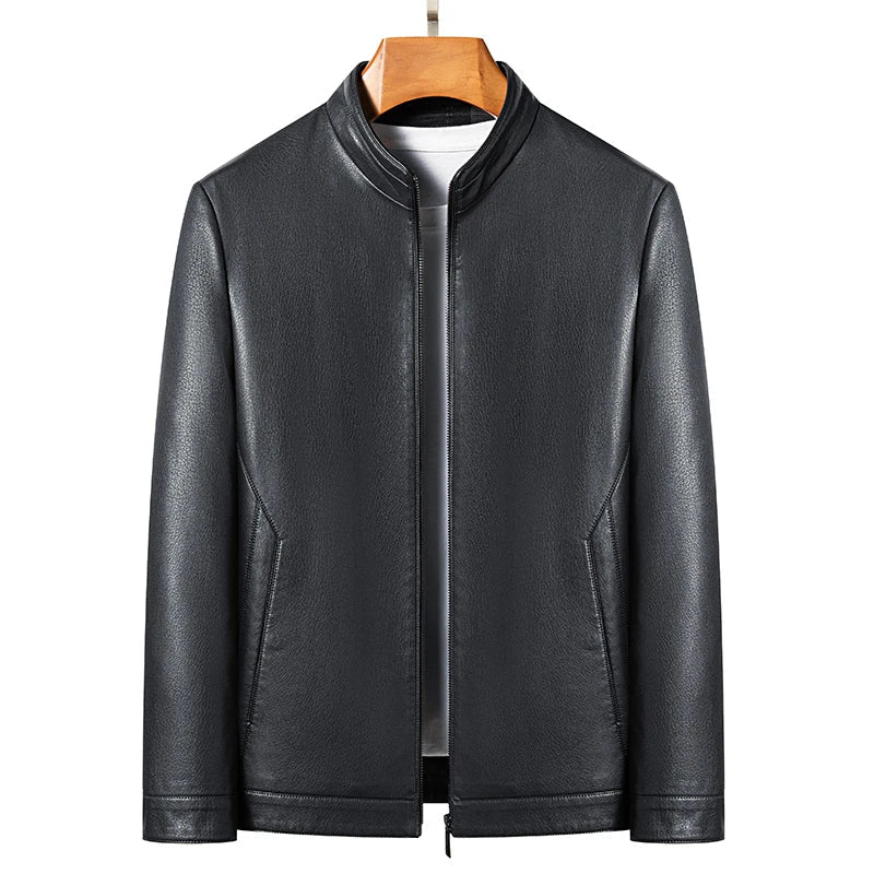Men's Genuine Leather Polo Mock Neck Jacket Slim Sheepskin Coat Spring and Autumn