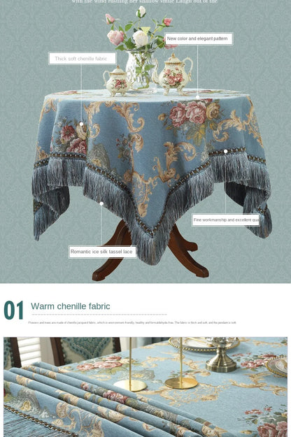 European Style Flower Tassel Tablecloth Thicken Chenille Rectangular Table Cover Round Dining Table Coffee Cloth Dust-proof