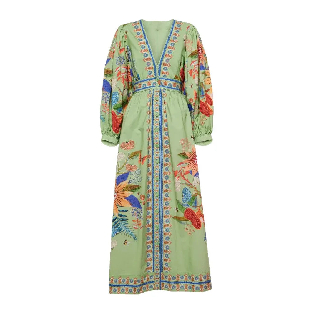 Bohemian retro ethnic style heavy-duty print elegant waist-defining slimming short vacation dress
