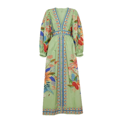 Bohemian retro ethnic style heavy-duty print elegant waist-defining slimming short vacation dress