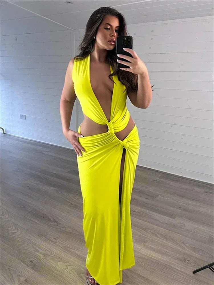 Summer Beach Sexy Maxi Dress Sexy Hollow Out Twist Knot High Split Sleeveless Deep V