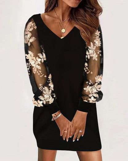 Elegant Women's V-Neck Mini Dress Lantern Long Sleeve for Autumn & Winter