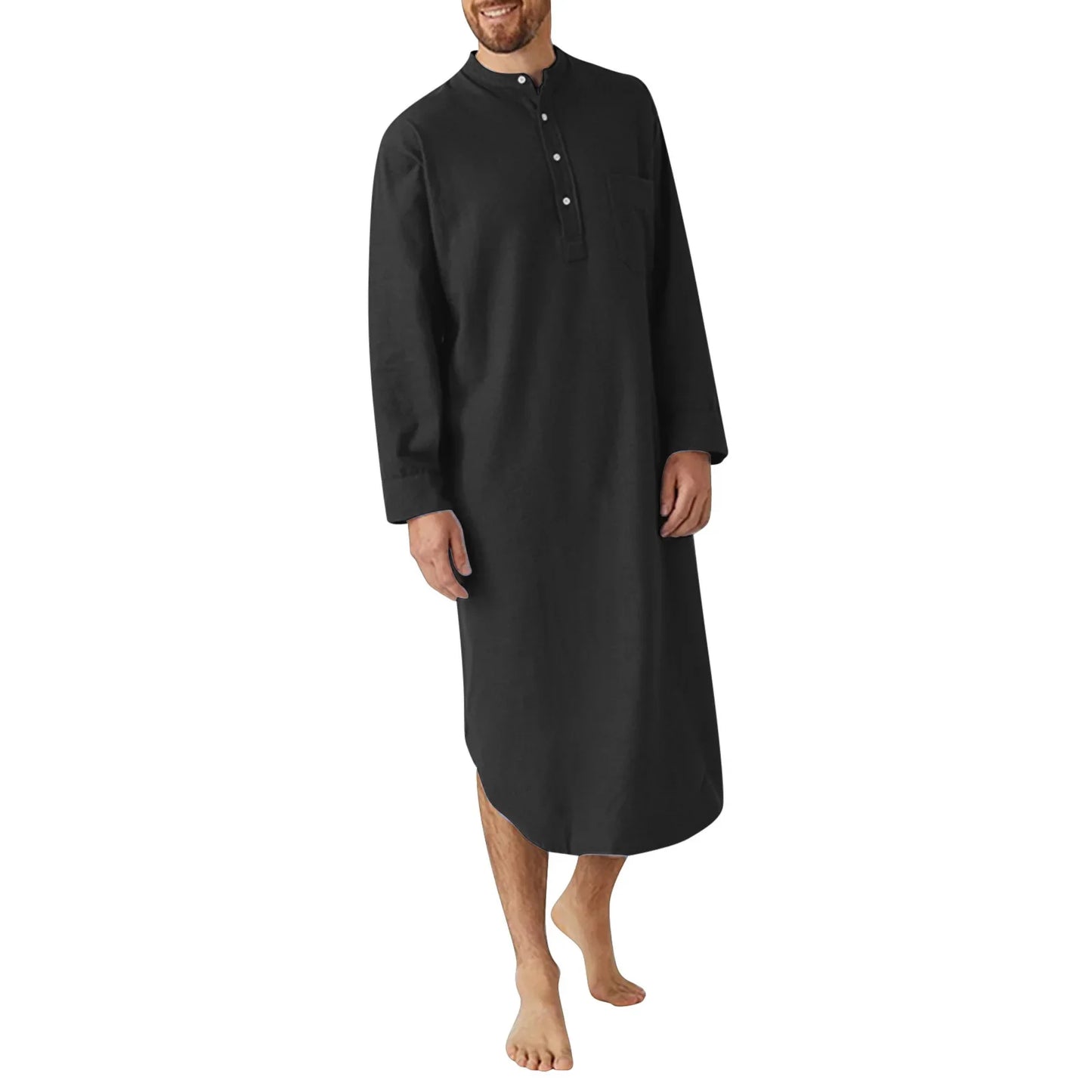 Men's Comfortable Cotton Button-down Sleep Robe Solid Color Stand Neck Long Sleeve Nightgown