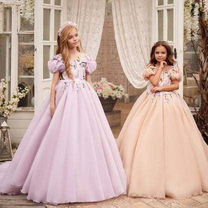 Flower Girl Dress Applique Short Sleeve Puffy Tulle With Bow Party Dress